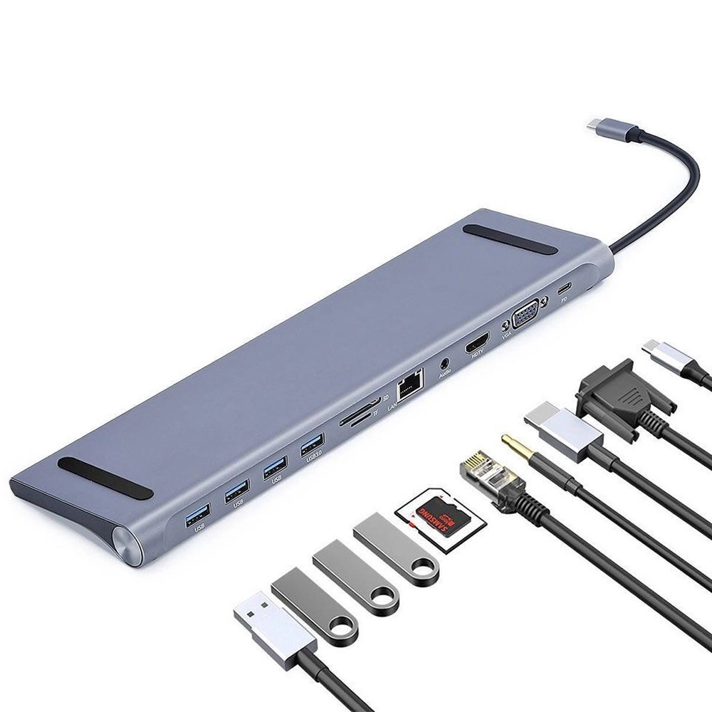 KINGMOX BYL-2003 - ADAPTADOR 11 EN 1 TIPO C (USB C) A 4X USB / LECTOR DE SD / RJ45 (LAN) / AUX / HDMI / VGA / TIPO C / GRIS